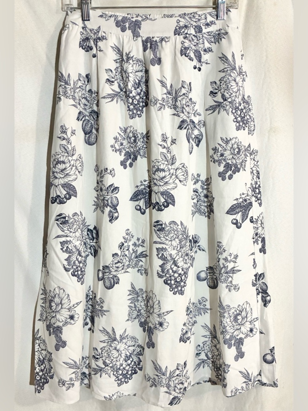 Joie Blue linen Toile Full Skirt Sz SP Midi Maxi Pockets Lined Cottagecore